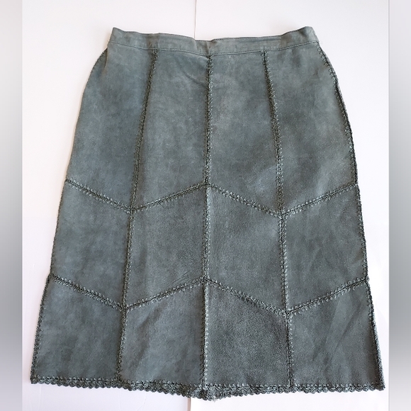 Vintage Retro Hippie Boho Patchwork Robert Louis Green Suede Skirt Size Large - Picture 1 of 8